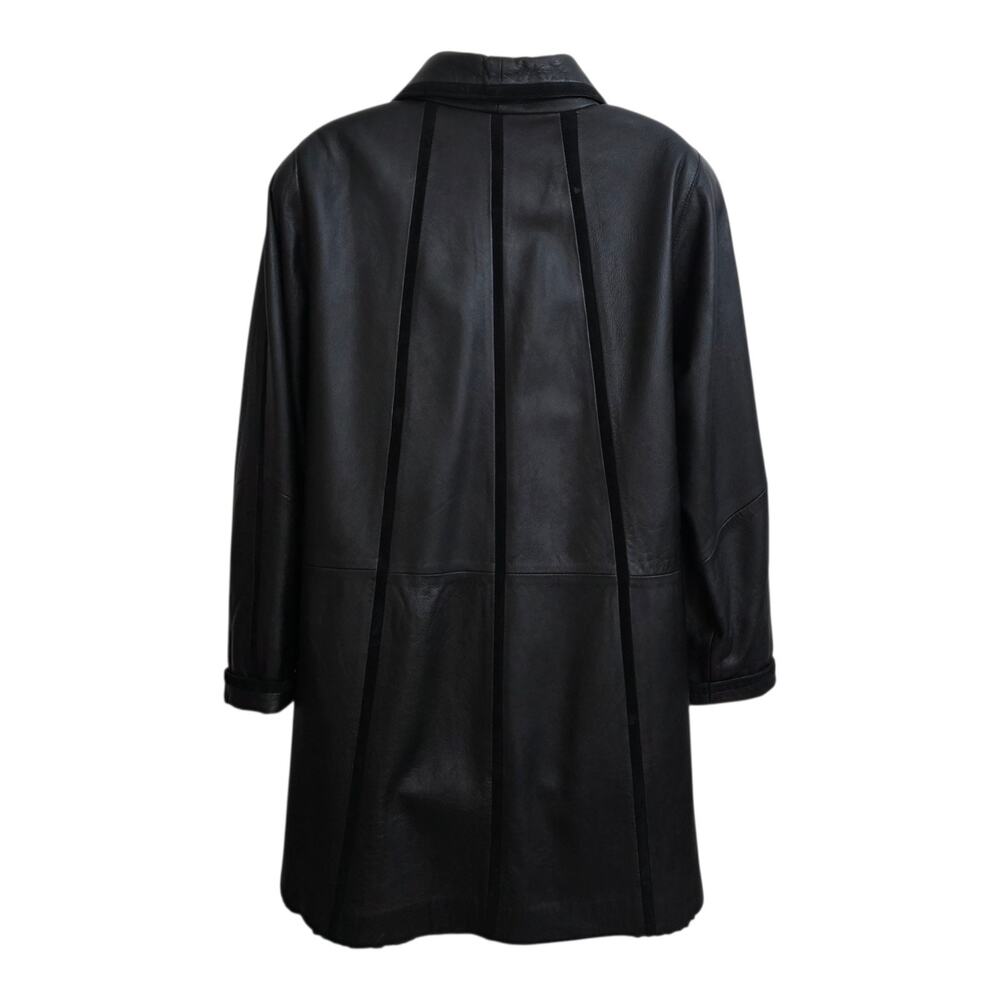Vintage Y2K Genuine Leather Oversized Trench Coat Mid Length Button Front Sz S - Picture 2 of 9